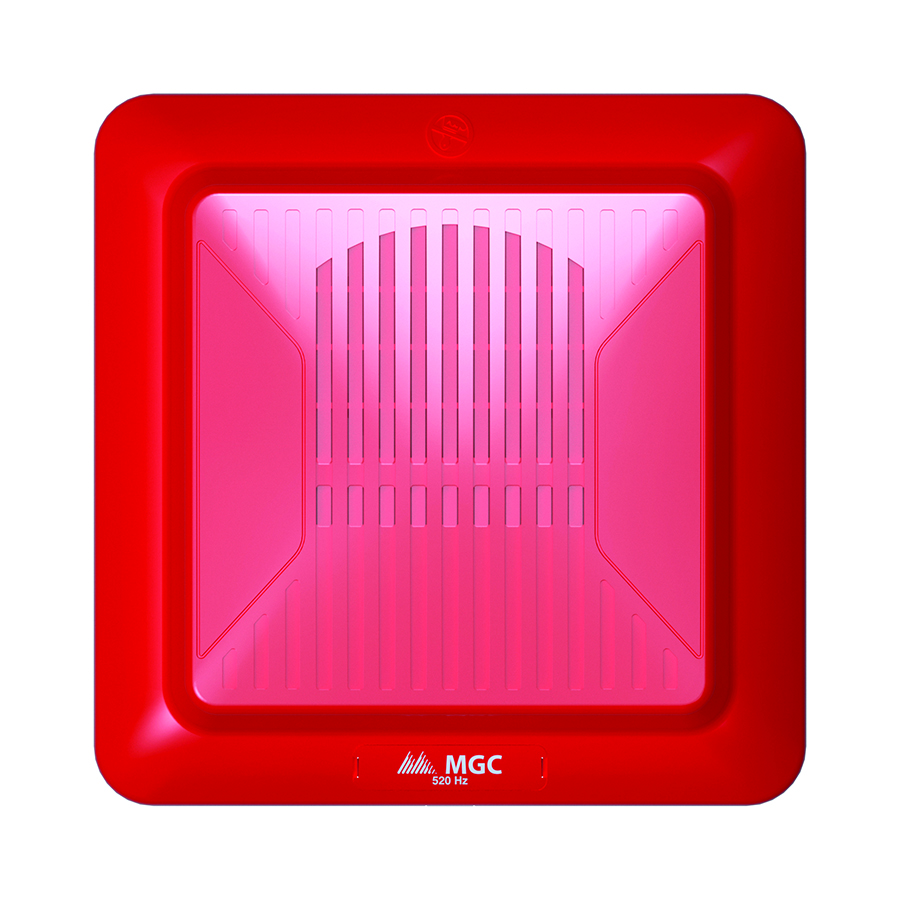 A red square sounder with a white background, symbolizing the MGC FH-400-LF Low Frequency Sounder designed for effective emergency alarms