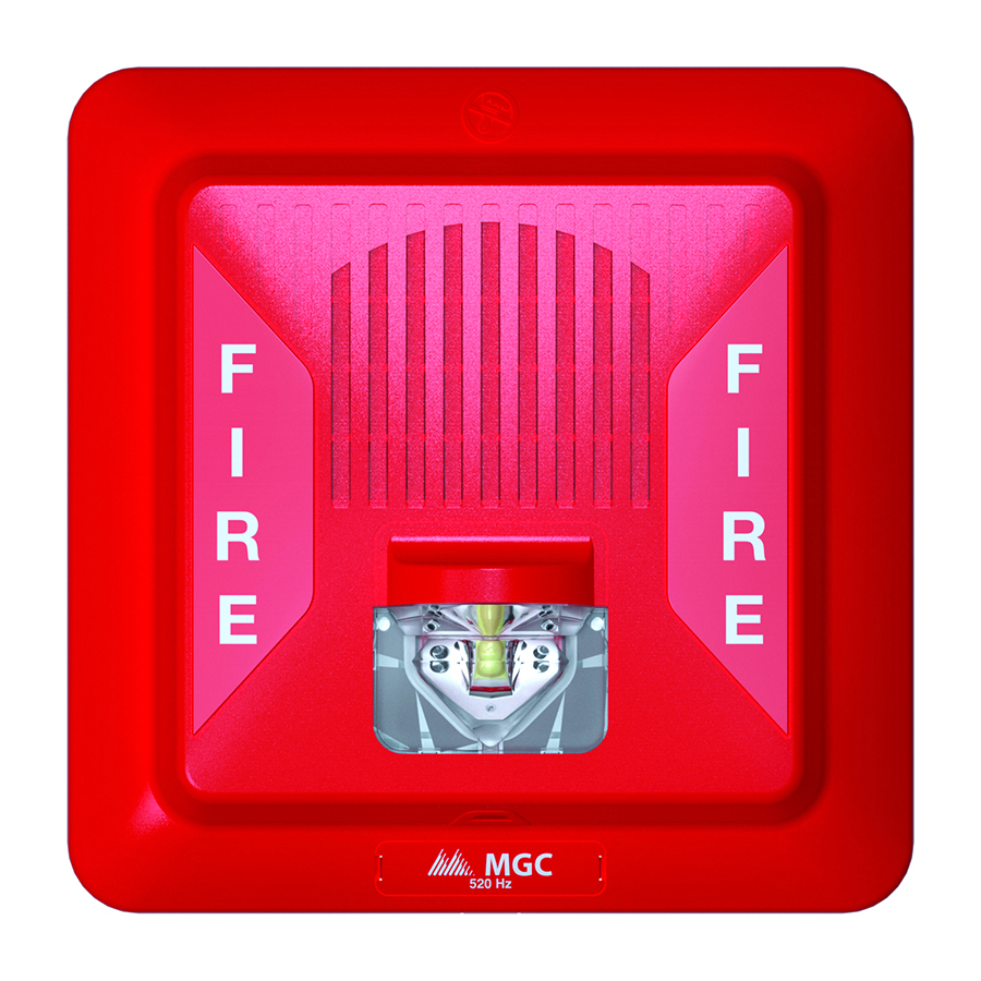 Low-frequency sounder strobe in red, set against a white background, compliant with NFPA 72 for effective emergency alerts.